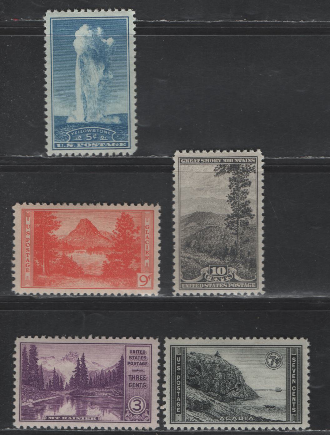 Lot 487 United States SC#742/749 3c - 10c Purple - Gray Black Mt Rainier & Mirror Lake -  Mt Rockwell, Glacier National Park, 1934 National Park Issue, 4 VFOG Singles