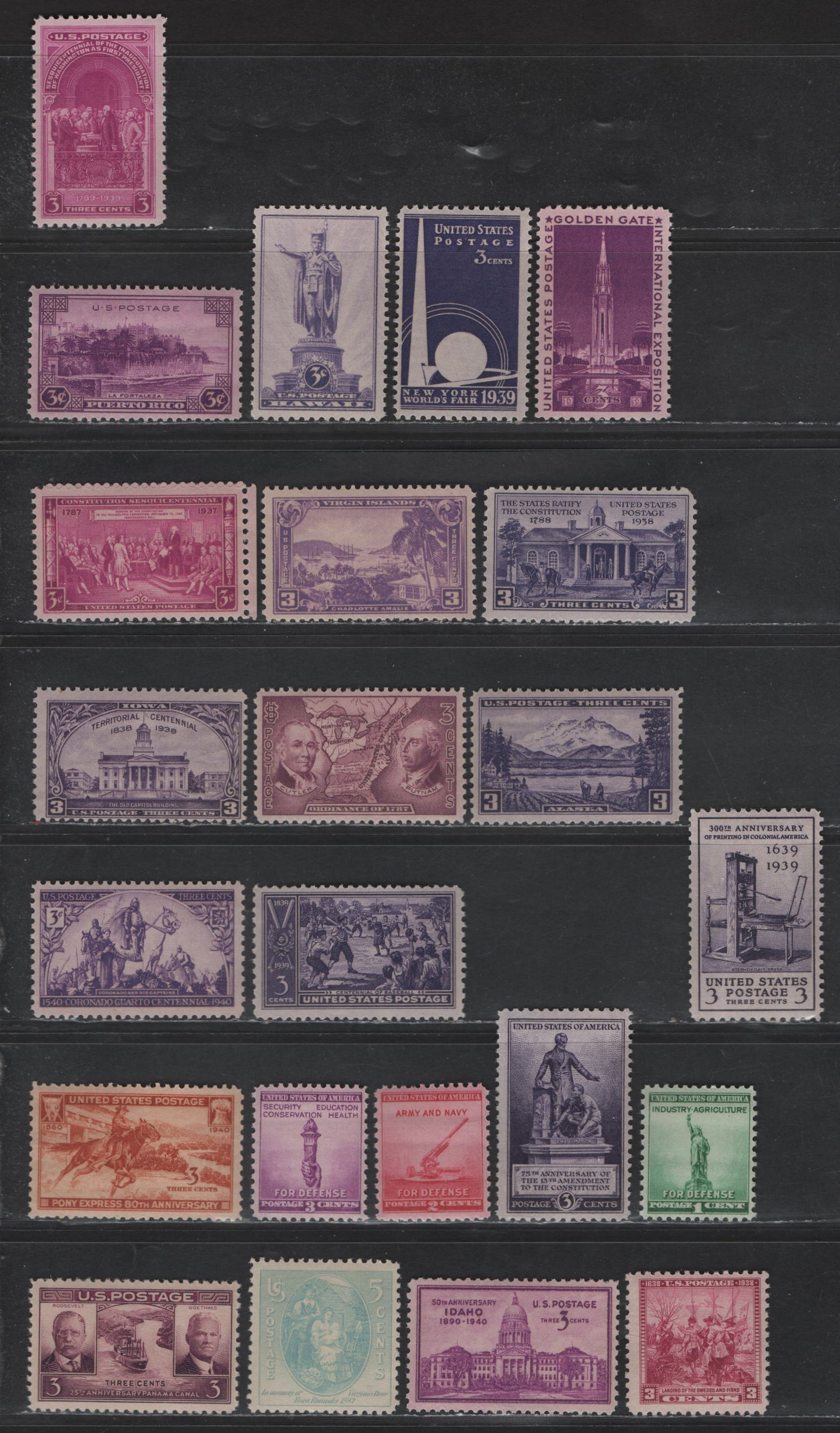 Lot 488 United States SC#795/901 3c - 3c Rose Purple - Bright Mauve Manasseh Cutler & Map of NW Territory - Torch of Enlightenment, 1937-1940 Ordinance of 1787 Sesquicentennial - National Defence Issues,  F/VFNH Singles