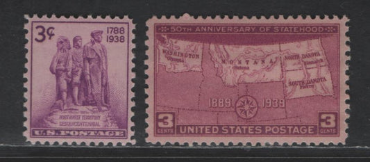 Lot 489 United States SC#837, 858 3c - 3c Bright Rose Purple - Rose Purple Colonization of the West - Map Of North/South Dakota, Montana & Washington, 1938-1939 NW territory Sesquicentennial - 50th Anniv of Dakota Statehood Issues, 2 SUP NH Singles