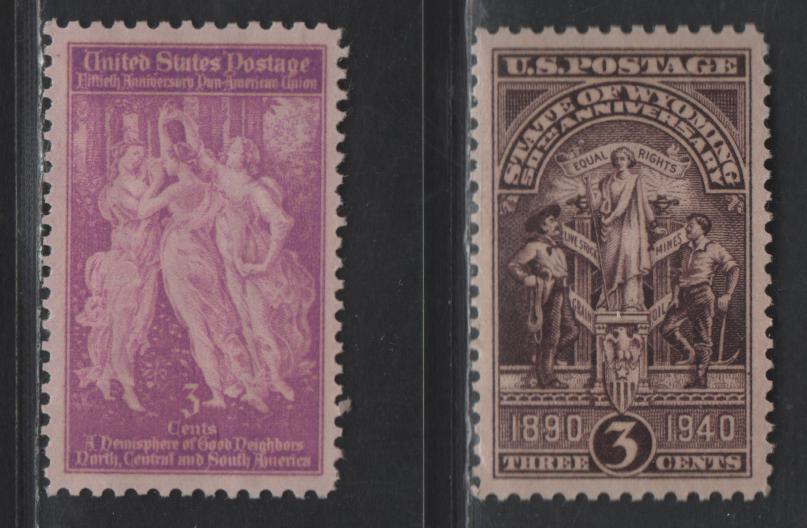 Lot 490 United States SC#895, 897 3c Bright Rose Purple - Brown Violet Three Graces - Wyoming State Seal, 1940 Pan American Union - 50th Anniv of Wyoming Statehood Issues, 2 SUP/GEM NH Singles