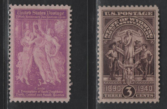 Lot 490 United States SC#895, 897 3c Bright Rose Purple - Brown Violet Three Graces - Wyoming State Seal, 1940 Pan American Union - 50th Anniv of Wyoming Statehood Issues, 2 SUP/GEM NH Singles