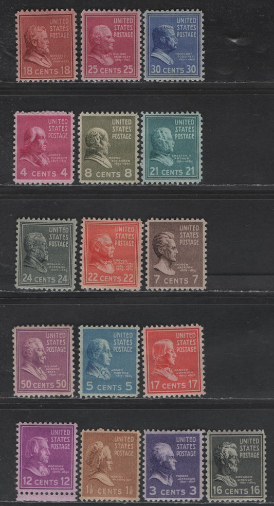 Lot 491 United States SC#805, 807-808, 810, 812-813, 817, 821-823, 826-831 1/2c - 50c Brown - Mauve Martha Washington - William Howard Taft, 1938-1954 Presidential Issue, 16 F/VFOG Singles