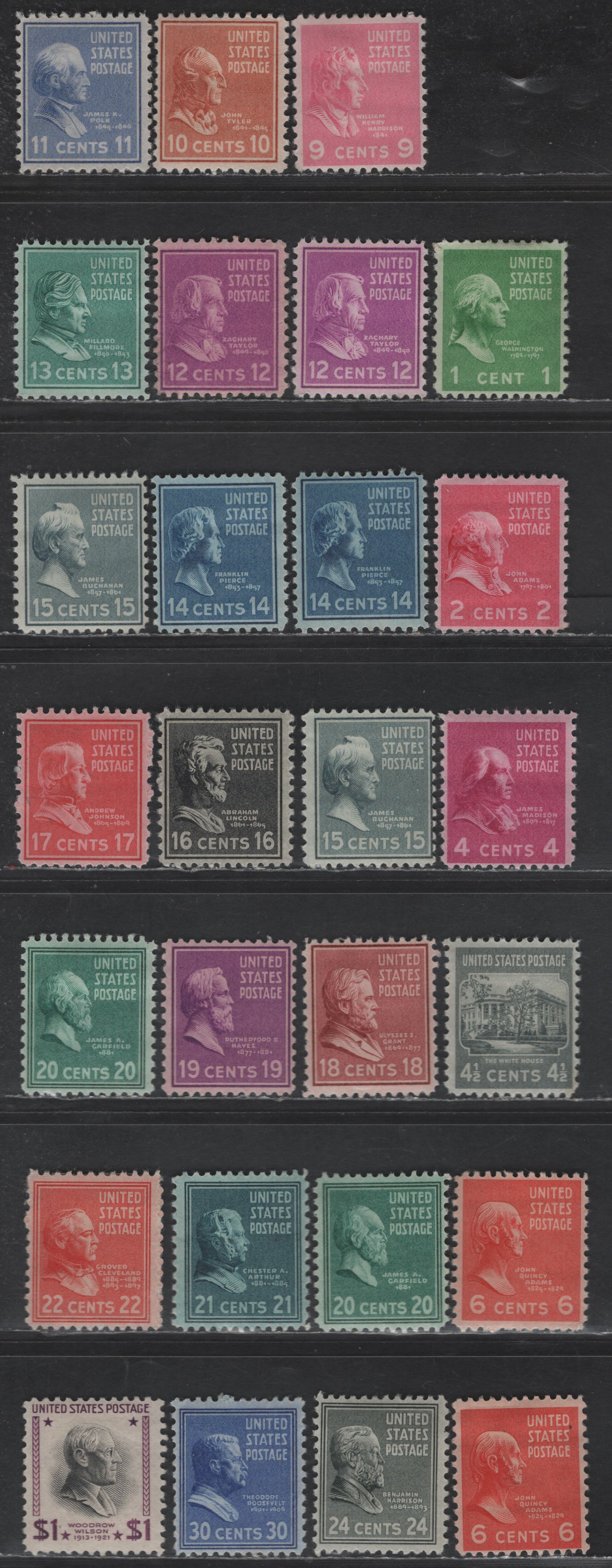 Lot 492 United States SC#804, 806, 808-809, 811, 814-828, 830, 832 1c - $1 Green - Purple & Black George Washington - Woodrow Wilson, 1938-1954 Presidential Issue,  FOG Singles, Includes Shade & Gum Variations