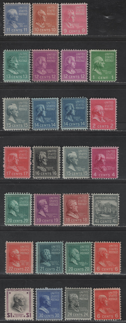 Lot 492 United States SC#804, 806, 808-809, 811, 814-828, 830, 832 1c - $1 Green - Purple & Black George Washington - Woodrow Wilson, 1938-1954 Presidential Issue,  FOG Singles, Includes Shade & Gum Variations