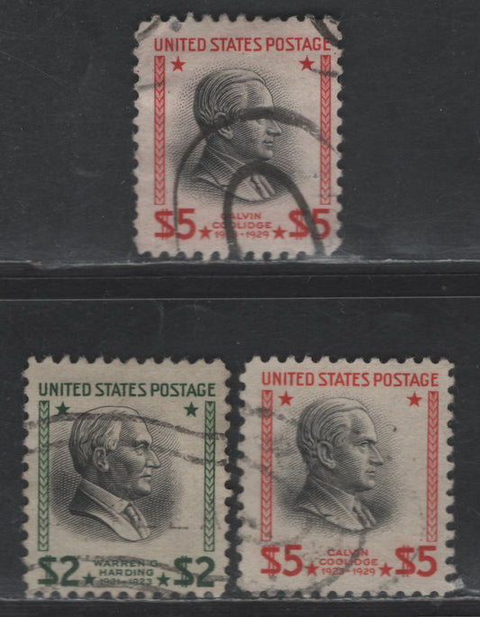 Lot 493 United States SC#833-834 $2 - $5 Green & Black - Carmine Black Warren G Harding - Calvin Coolidge, 1938-1954 Presidential Issue, 3 Fine Used Singles