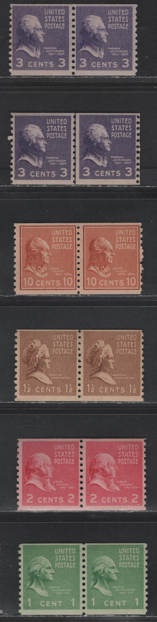 Lot 494 United States SC#839, 840-842, 847 1c - 10c Green - Brown Red George Washington - John Tyler, 1938-1954 Presidential Issue, 5 FNH Coil Pairs, Perf 10 Vertical, 3c Gripper Coil Line Pair, GumDisturbace On 1 Stamp Of 2c Pair