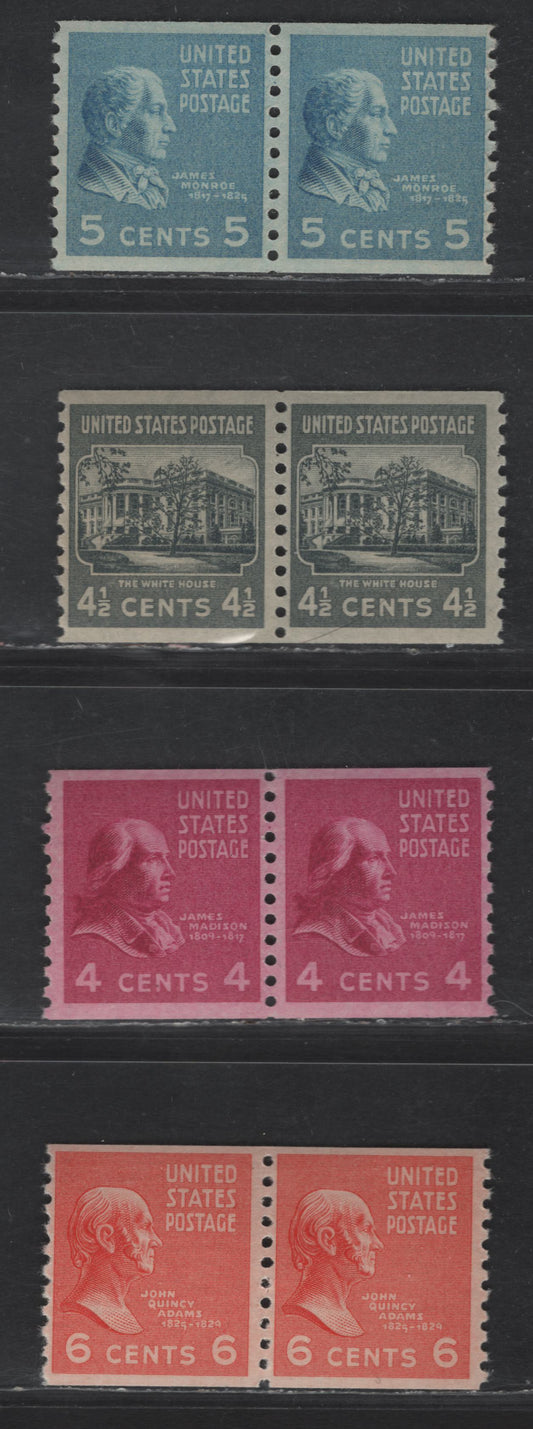 Lot 495 United States SC#843-846 4c - 6c Red Violet - Red Orange James Madison - Jonh Q Adams, 1938-1954 Presidential Issue, 2 VFNH Coil Pairs, Perf 10 Vertical