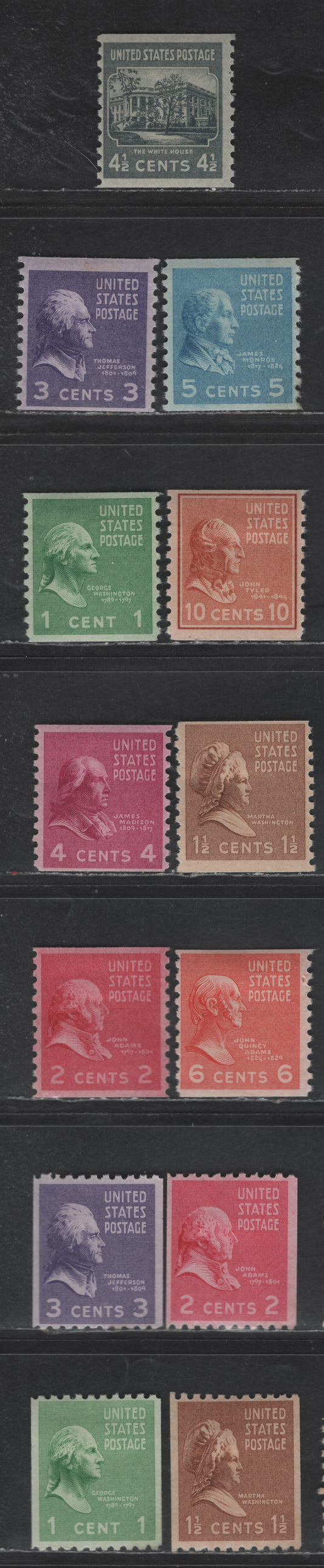 Lot 497 United States SC#839-851 1c- 3c Green - Light Violet George Washington - Thomas Jefferson, 1939-1942 Presidential Issue, 13 F/VFOG Coil Singles, Perf 10 Vertical & Horizontal, Mostly Fine, A Few VF