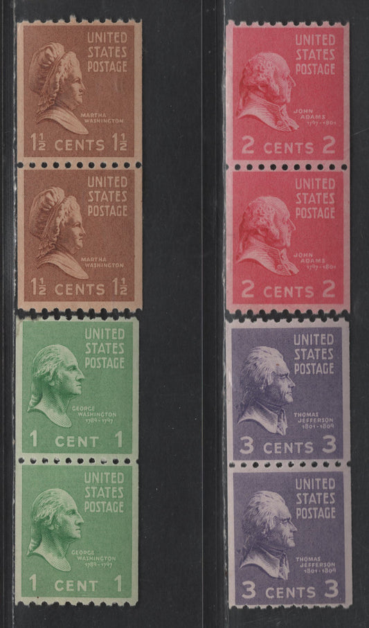 Lot 498 United States SC#848-851 1c -3c Green - Light Violet George Washington - Thomas Jefferson, 1939-1954 Presidential Issue, 4 VFNH Coil Pairs, Perf 10 Horizontal, Light Fingerprint On Gum Of1.5c & 3c, Small Gum Disturbances On 1c Pair