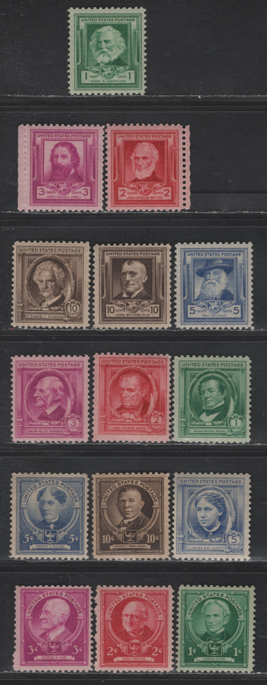 Lot 499 United States SC#859-873 1c - 10c Bright Blue Green -Dark brown Washington Irving - Booker T Washington, 1940 Famous Americans Issue, 15 F/VFNH Singles