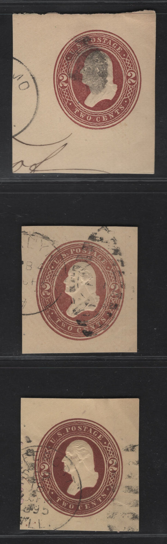 Lot 50 United States SC#U284 2c Brown Jackson, 1884-1886 Heads Issue, 3 Very Fine Used Singles, Amber Manilla, 3 Shades of Brown & Brown Lake