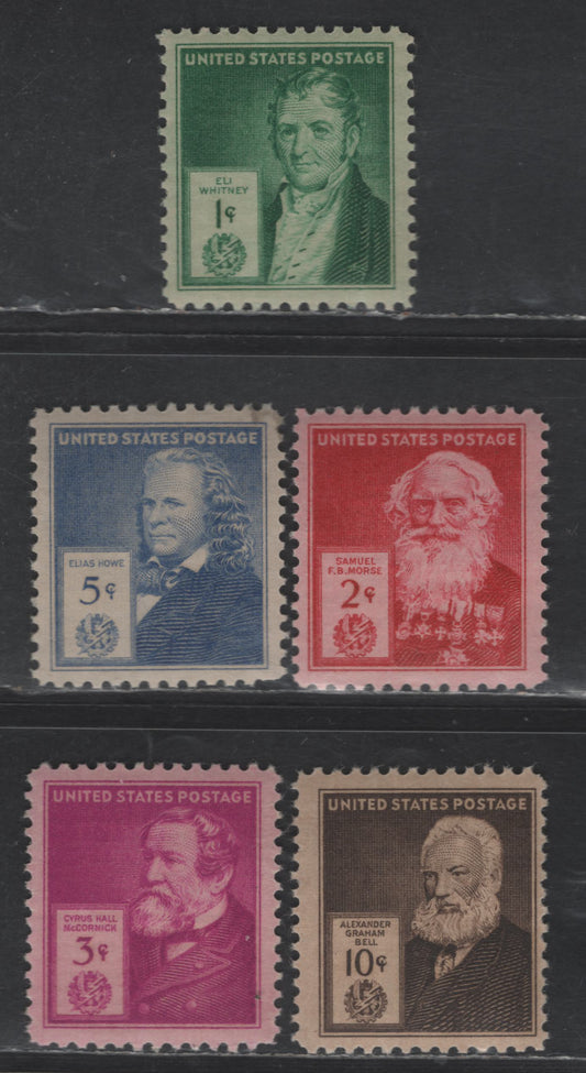 Lot 501 United States SC#889-893 1c -10c Bright Blue Green -Dark brown Eli Whitney - Alexander Graham Bell, 1940 Famous Americans Issue, 5 F/VFNH Singles