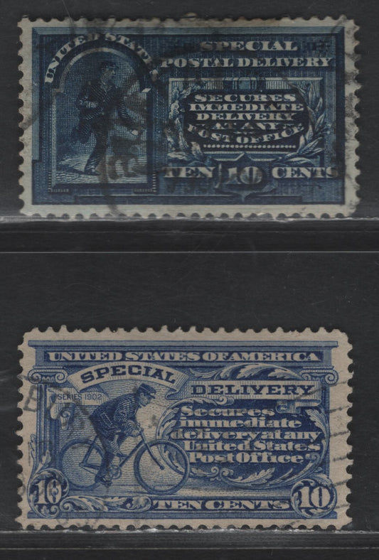 Lot 502 United States SC#E5-E6 10c Dark Blue - Ultramarine Messenger Running - Messenger On Bicycle, 1895-1902 Special Delivery Issue, 2 Very Fine Used Singles, Wmk Double Lined USPS