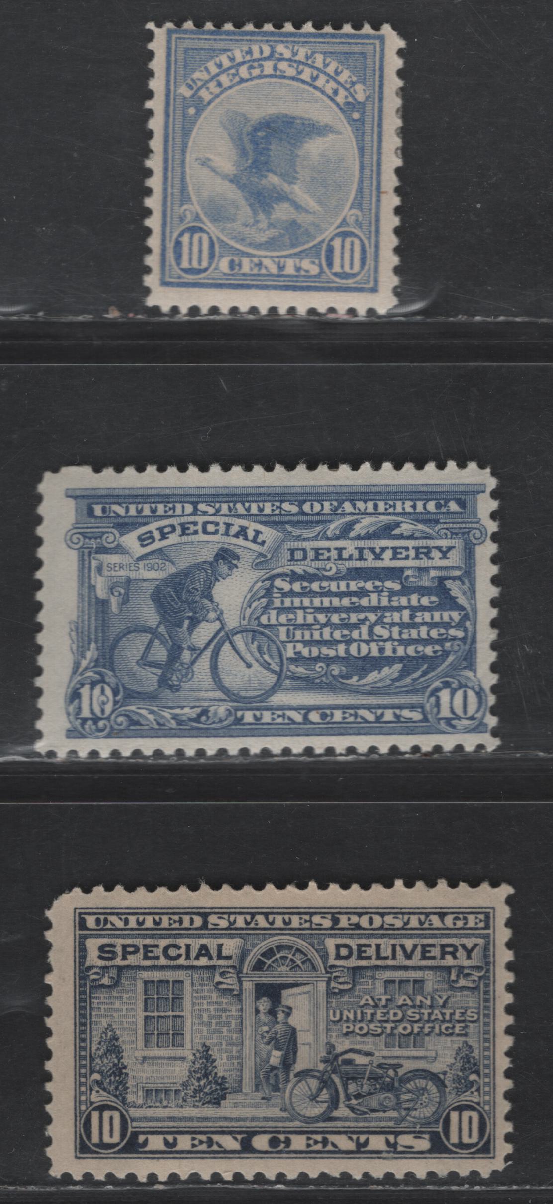 Lot 503 United States SC#E11, E12, F1 10c Ultramarine - Gray Violet Messenger On Bicycle - Eagle, 1911-1922 Special Delivery & Registration Issues, 3 FOG Singles, Unwatermarked & Single Lined USPS Wmk, Perfs 11 & 12