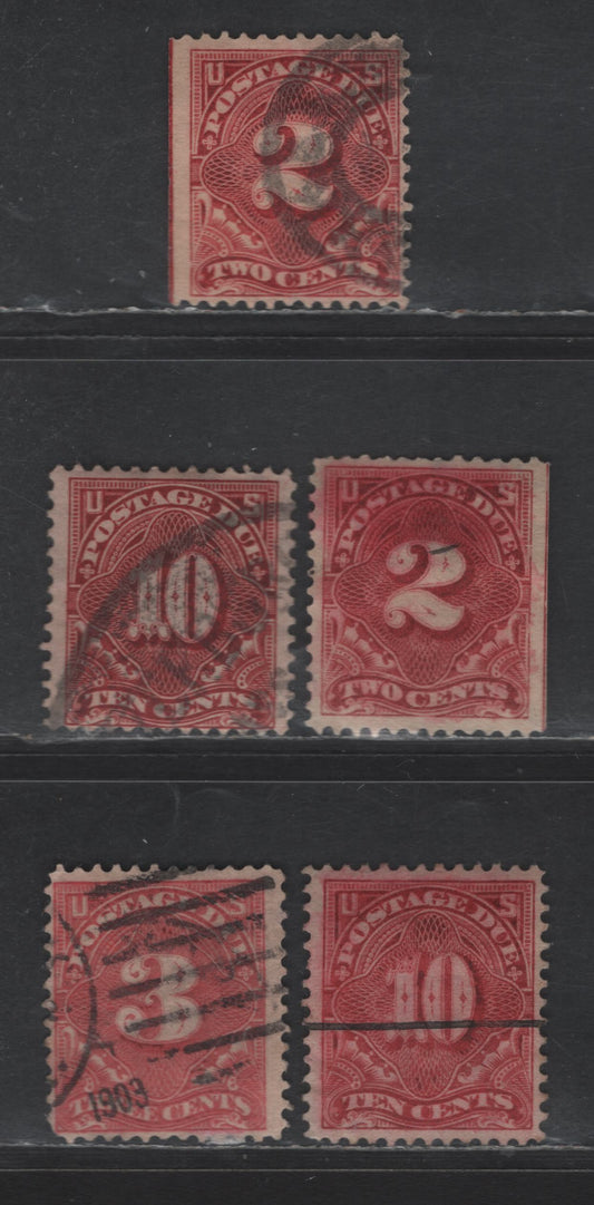Lot 509 United States SC#J39-J40, J42 2c - 10c Deep Claret, Deep Carmine, Rose, Carmine Numeral, 1895-1897 Postage Due Issue, 5 Fine/Very Fine Used Singles, Double Lines USPS Wmk