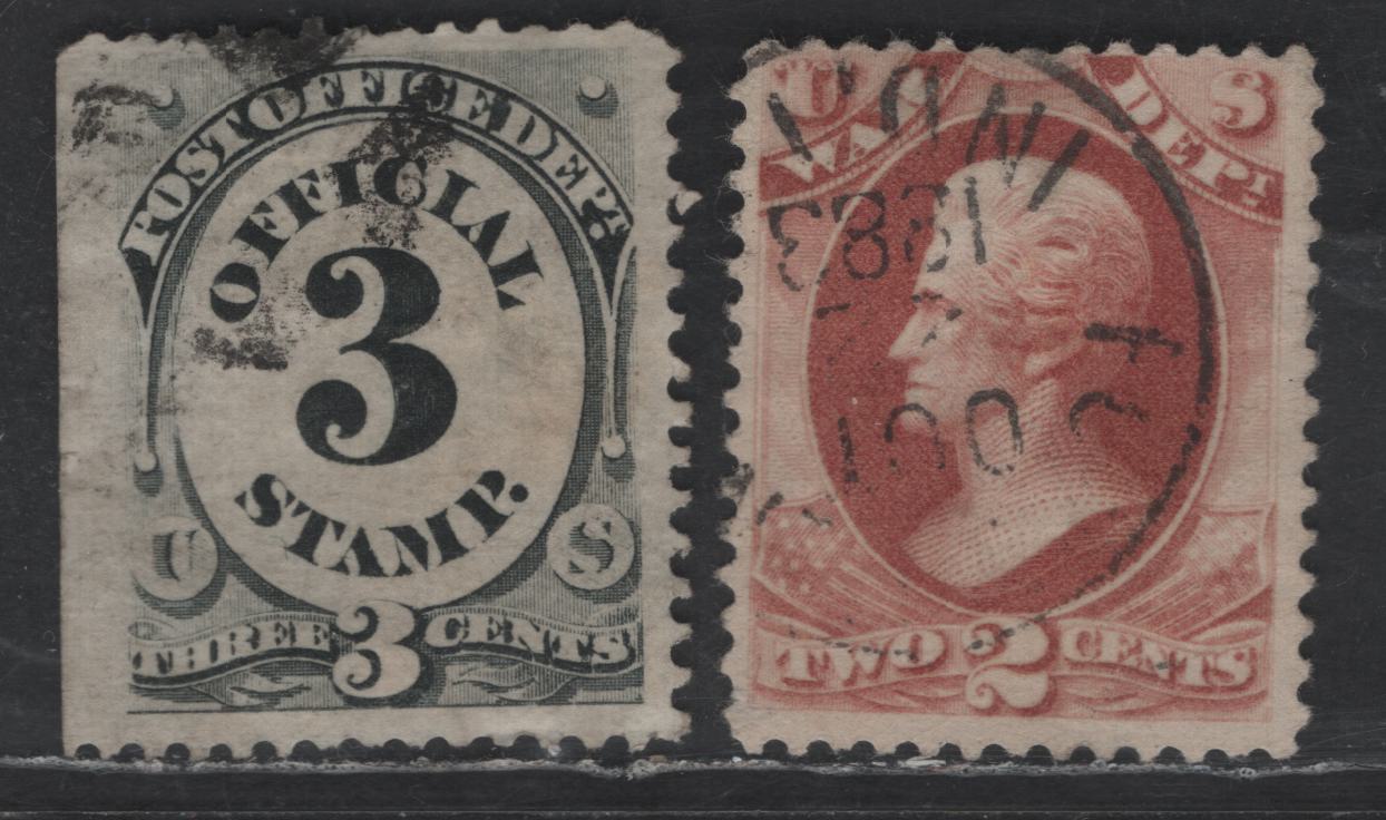Lot 511 United States SC#O49, O84 3c - 2c Black - Rose Franklin - Numeral, 1873-1880 Post Office War Department - Large Banknote Official Issues, 2 Fine Used Singles, Banknote Official Is Hard Paper