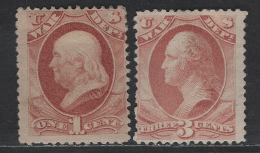 Lot 513 United States SC#O114, O116 1c -3c Rose Franklin, 1879 Large Banknote Official Issue - War Department, 2 FOG Singles, Soft Paper