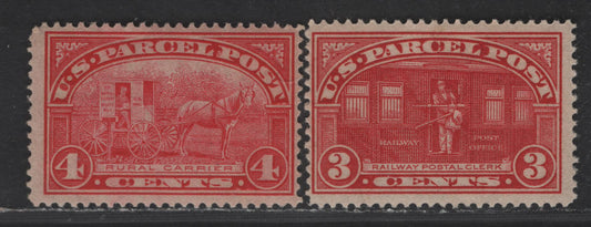 Lot 520 United States SC#Q3-Q4 3c - 4c Carmine - Carmine Rose Railway Postal Clerk - Rural Carrier, 1913 Parcel Post Issue, 2 FOG Singles, Single Lined USPS Wmk