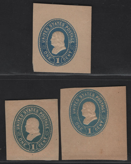 Lot 52 United States SC#U300, W301, U304, U302 1c Blue Franklin, 1887-1894 Heads Issue, 3 Fine/Very Fine Unused Singles, Manilla & Amber Manilla