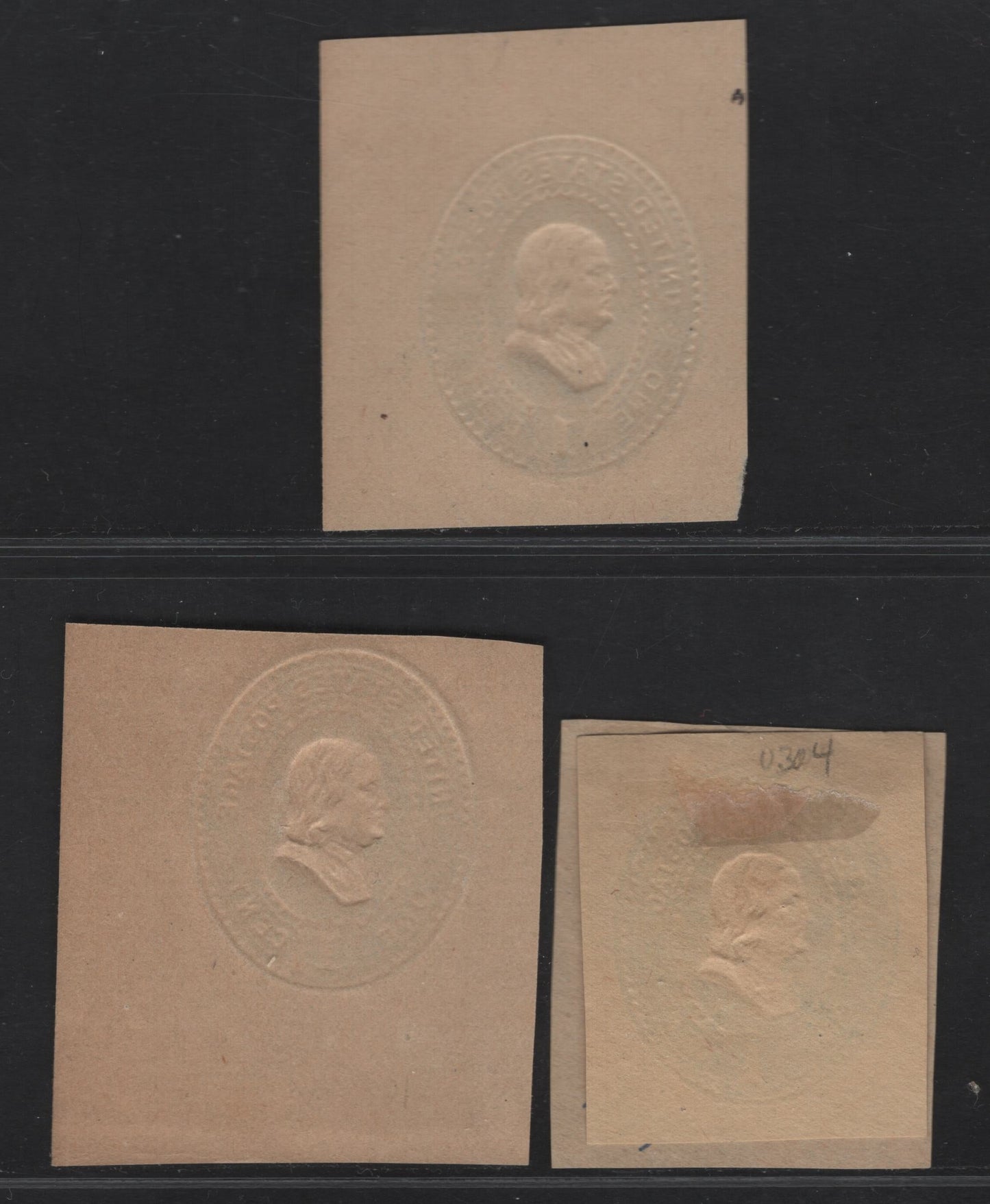 Lot 52 United States SC#U300, W301, U304, U302 1c Blue Franklin, 1887-1894 Heads Issue, 3 Fine/Very Fine Unused Singles, Manilla & Amber Manilla