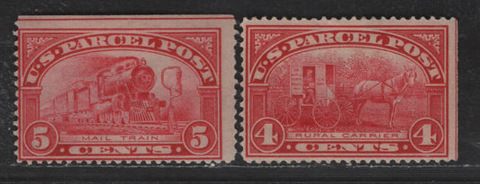 Lot 521 United States SC#Q4-Q5 4c - 5c Carmine - Carmine Rose Rural Carrier - Mail Train, 1913 Parcel Post Issue, 2 FOG Singles, Single Lined USPS Wmk, Right & Top Sheet Margin Singles