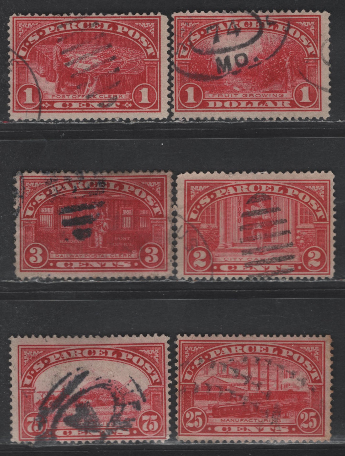 Lot 527 United States SC#Q1-Q3, Q9, Q11 1c - 75c Carmine - Carmine Rose , 1913 Parcel Post Issue, 6 Fine Used Singles, Single Lined USPS Wmk
