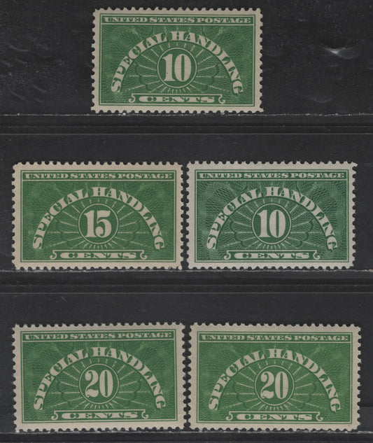 Lot 529 United States SC#QE1-QE3 10c Green - Yellow Green Numeral, 1924-1955 Special Handling Issue, 5 VFOG Singles, Wet Printings