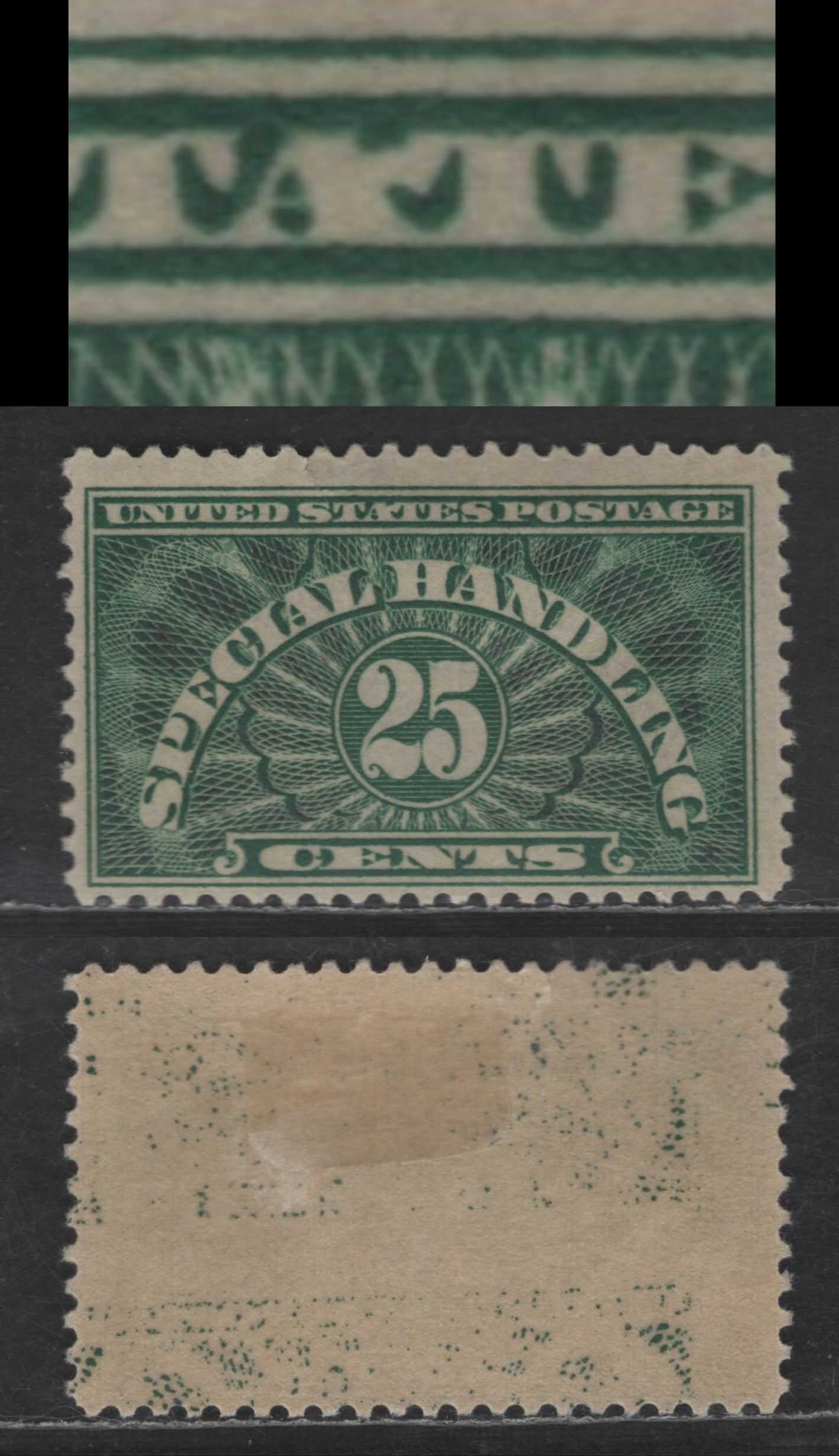 Lot 531 United States SC#QE4 25c Dark Green Numeral, 1924-1955 Special Handling Issue, A VGOG Single, Showing 'AT' Of States Joined At The Top, Wet Printing, Small Tear Above S of States