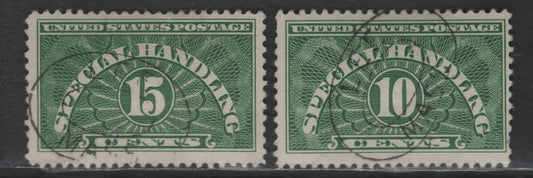 Lot 533 United States SC#QE1a, QE2a 10c - 15c Green Numeral, 1925-1955 Special Handling Issue, 2 Fine Used Singles, Dry Printings