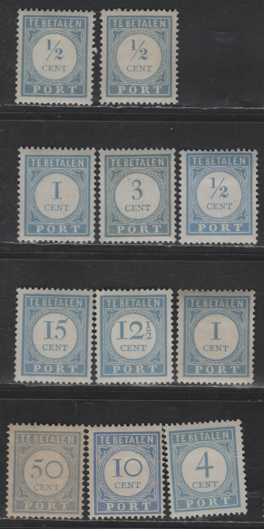 Lot 537 Netherlands SC#J44-J45, J48-J49, J55-j57, J60 1/2c - 50c Ultramarine - Pale Ultramarine Numerals, 1912 Postage Dues, 8 F/VFOG Singles