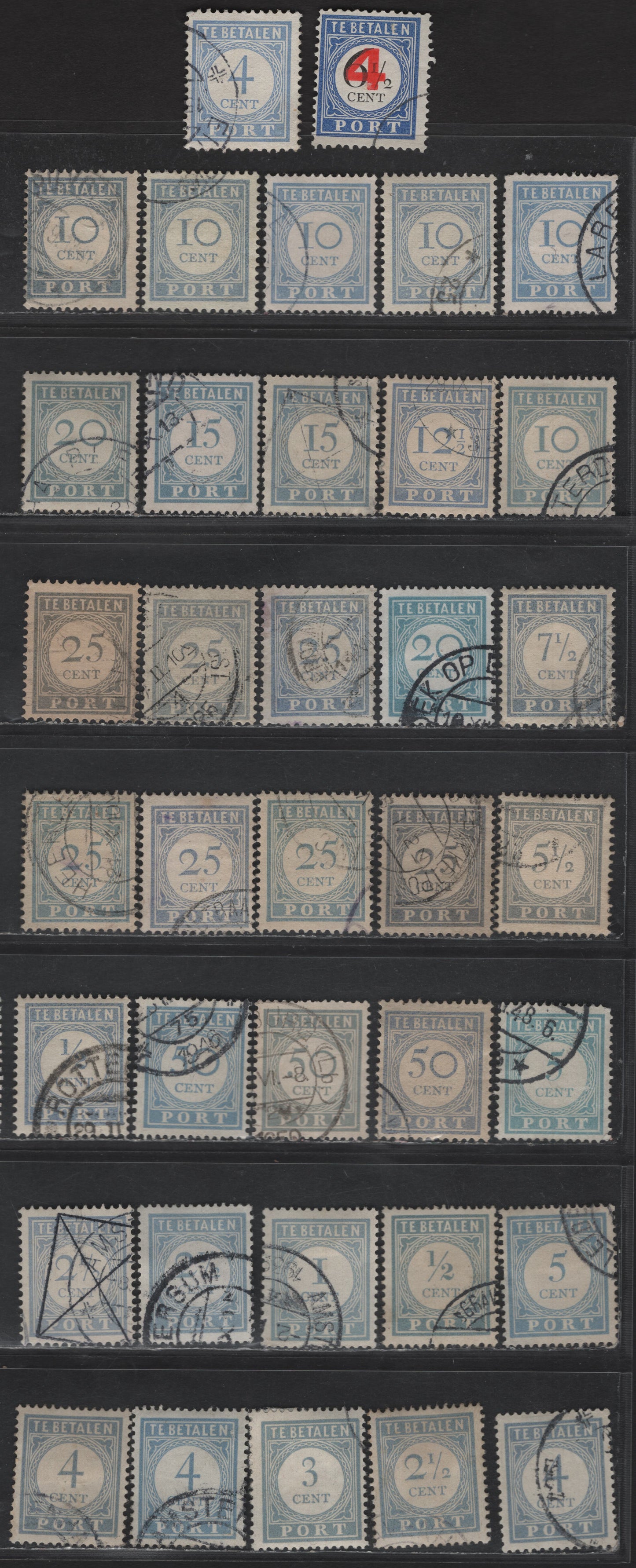 Lot 538 Netherlands SC#J42, J44-J45, J47-J49, J52, J54-J60 1/2c - 50c Pale Ultramarine Numerals, 1909-1921 Postage Dues,  Fine/Very Fine Used Singles, Additional Shades, Perfs 12.5 & 13.5x13