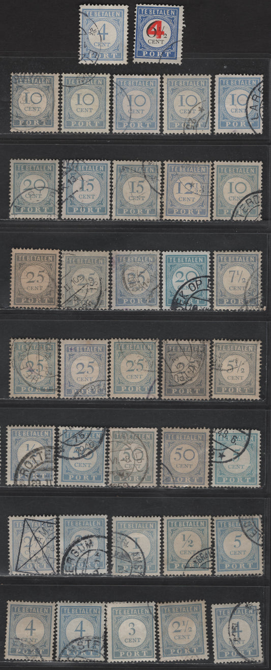 Lot 538 Netherlands SC#J42, J44-J45, J47-J49, J52, J54-J60 1/2c - 50c Pale Ultramarine Numerals, 1909-1921 Postage Dues,  Fine/Very Fine Used Singles, Additional Shades, Perfs 12.5 & 13.5x13