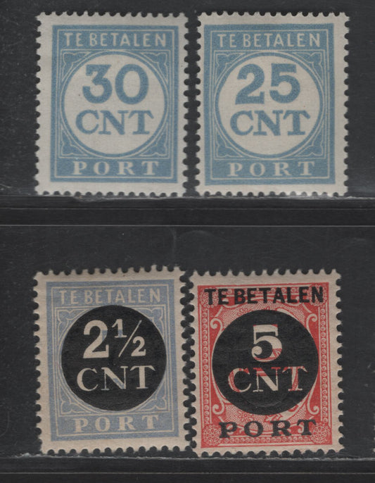 Lot 539 Netherlands SC#J69-J70, J73, J77 25c - 5c on 1c Pale Ultramarine - Red Numerals, 1921-1924 Postage Dues, 4 F/VFOG Singles