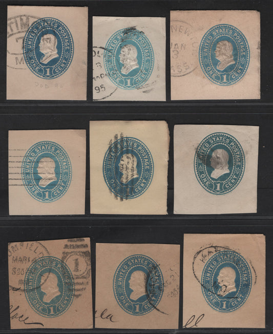 Lot 54 United States SC#U294, U296, U300, W301, U285 1c Blue Franklin, 1887-1894 Heads Issue, 9 Very Fine Used Singles, Shades On White, Cream, Amber & Manilla & Wrapper on Manilla
