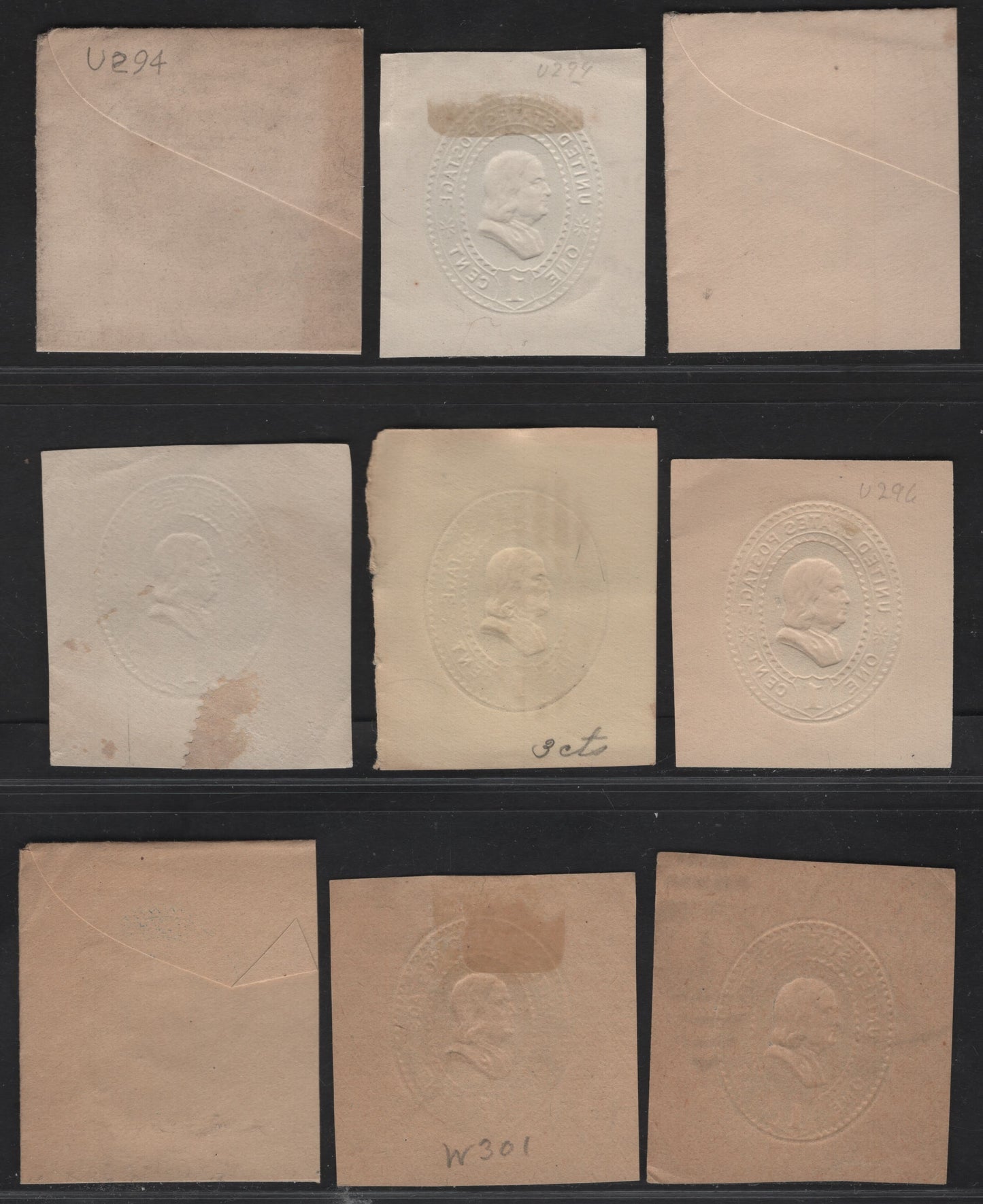 Lot 54 United States SC#U294, U296, U300, W301, U285 1c Blue Franklin, 1887-1894 Heads Issue, 9 Very Fine Used Singles, Shades On White, Cream, Amber & Manilla & Wrapper on Manilla