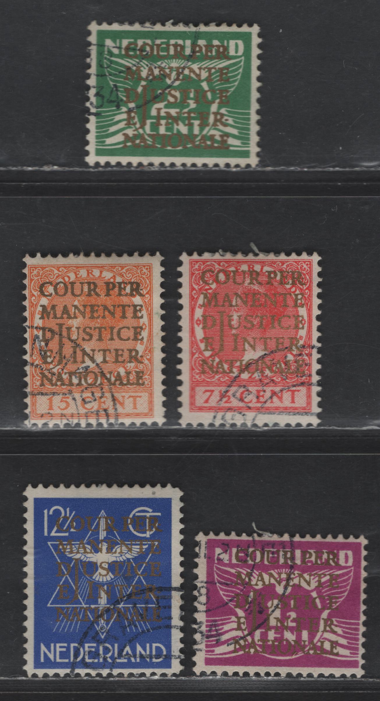 Lot 543 Netherlands SC#O9-O11, O13, O15 1/2c - 12.5c Red Violet - Ultramarine Int'l Court of Justice, 1934 Int'l Court of Justice Overprinted Issue, 5 Fine/Very Fine Used Singles, CTO, Without Original Gum