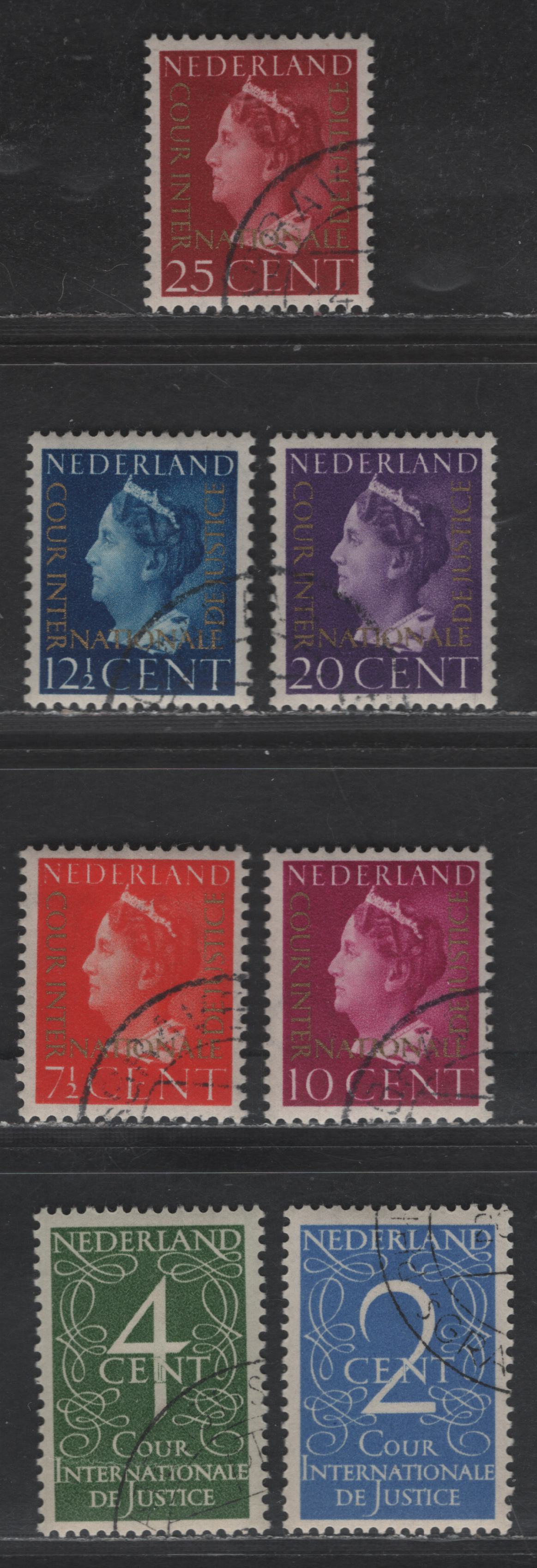Lot 546 Netherlands SC#O20-O26 7.5c - 30c Red - Olive Green Queen Wilhelmina - Numerals, 1947-1950 Int'l Court of Justice Overprinted Issue, 7 Fine/Very Fine Used Singles, CTO, Full OG - The Only Way That These Were Issued