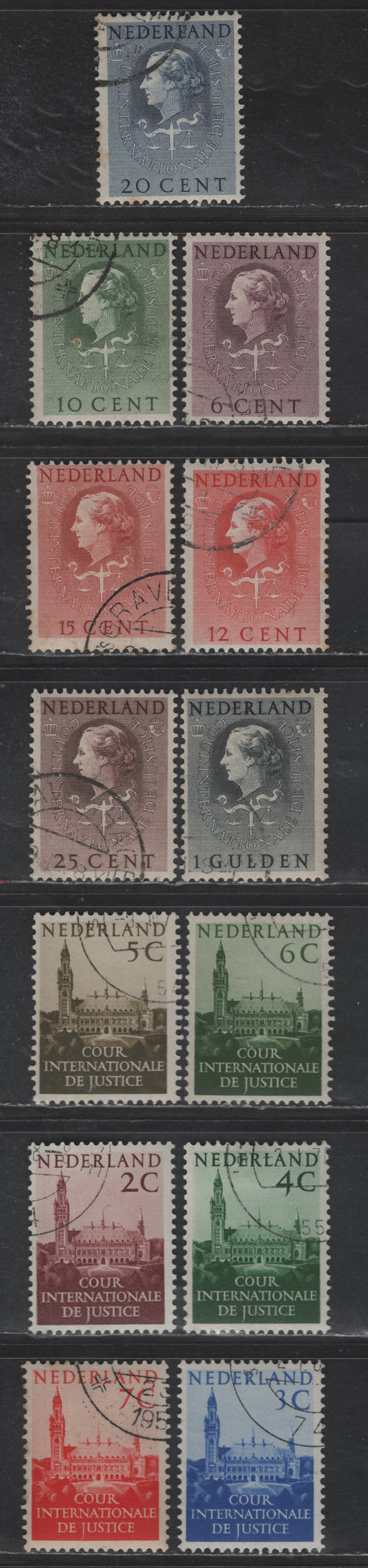 Lot 547 Netherlands SC#O27-O38, O40 2c - 1g Red Brown - Slate Gray Palace Of Peace - Queen Juliana, 1951-1958 Int'l Court of Justice Issue, 13 Fine/Very Fine Used Singles, CTO, With Gum, Minor Tone Spots