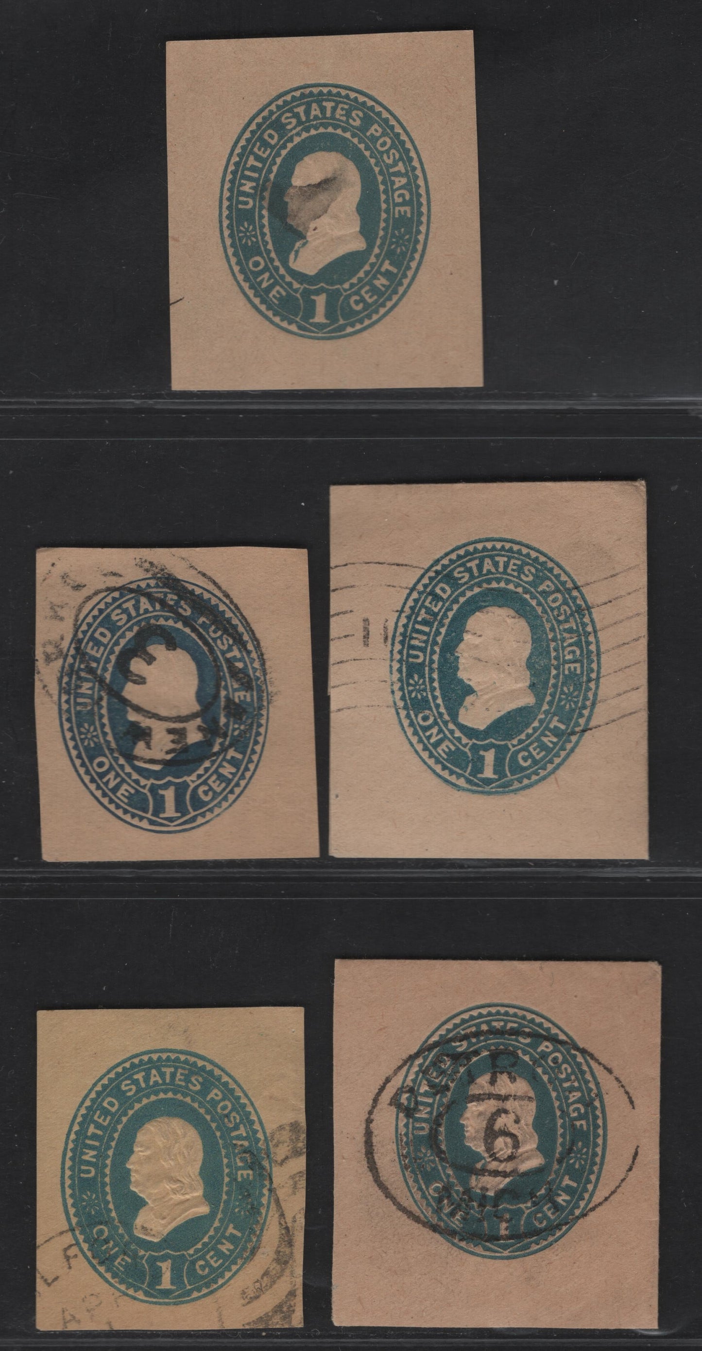 Lot 55 United States SC#U302, W303, U304 1c Dark Blue Franklin, 1887-1894 Heads Issue, 5 Fine/Very Fine Used Singles, Manilla, Wrapper on Manilla & Amber Manilla