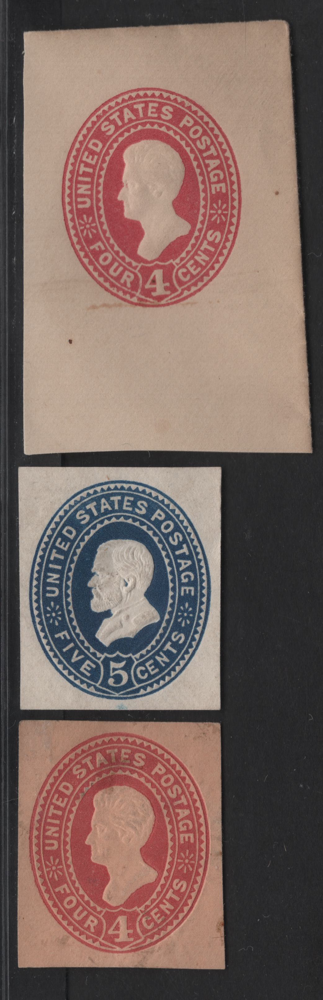 Lot 57 United States SC#U324, U326, U330 4c Carmine Jackson, 1887-1894 Heads Issue, 3 Very Good/Fine/Very Fine Unused Singles, White & Oriental Buff, Button on Coat, Light Diagonal Crease