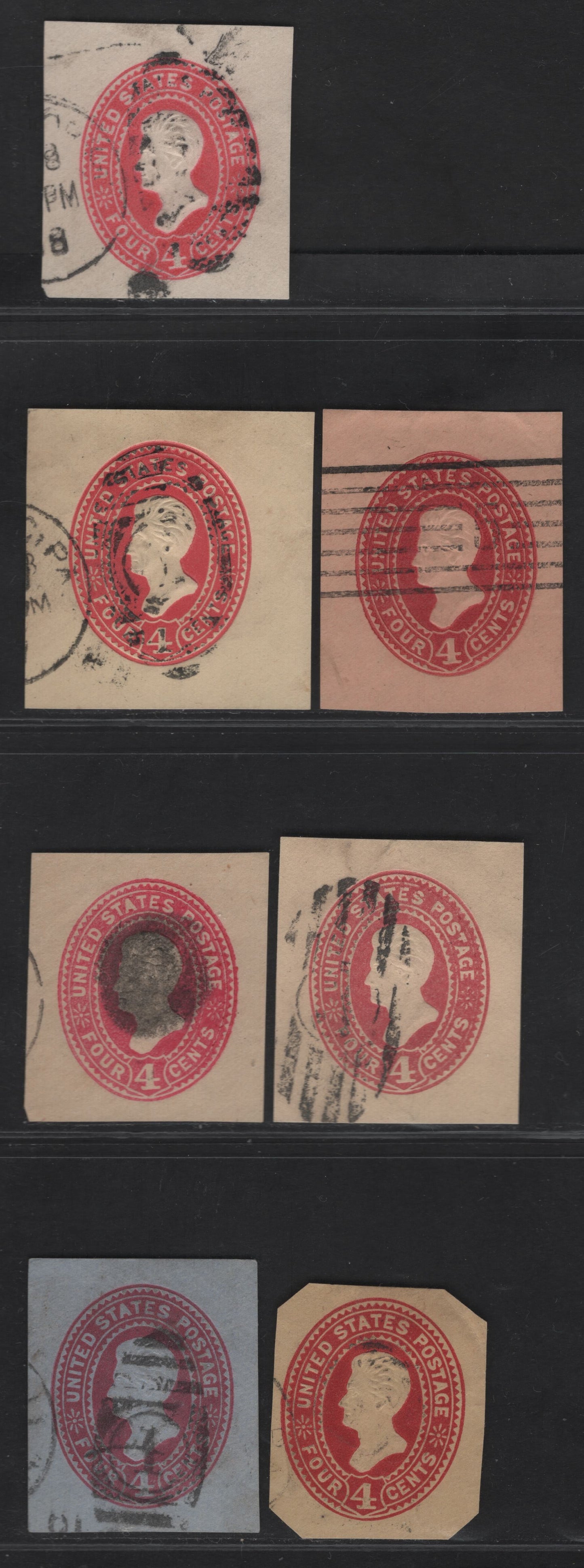 Lot 58 United States SC#U324b, U326a, U325, U328, U328b, U329a, U327 4c Scarlet, Lake, Pink & Carmine Jackson, 1887-1894 Heads Issue, 7 Fine/Very Fine Used Singles, White, Oriental Buff, Amber Manilla & Blue