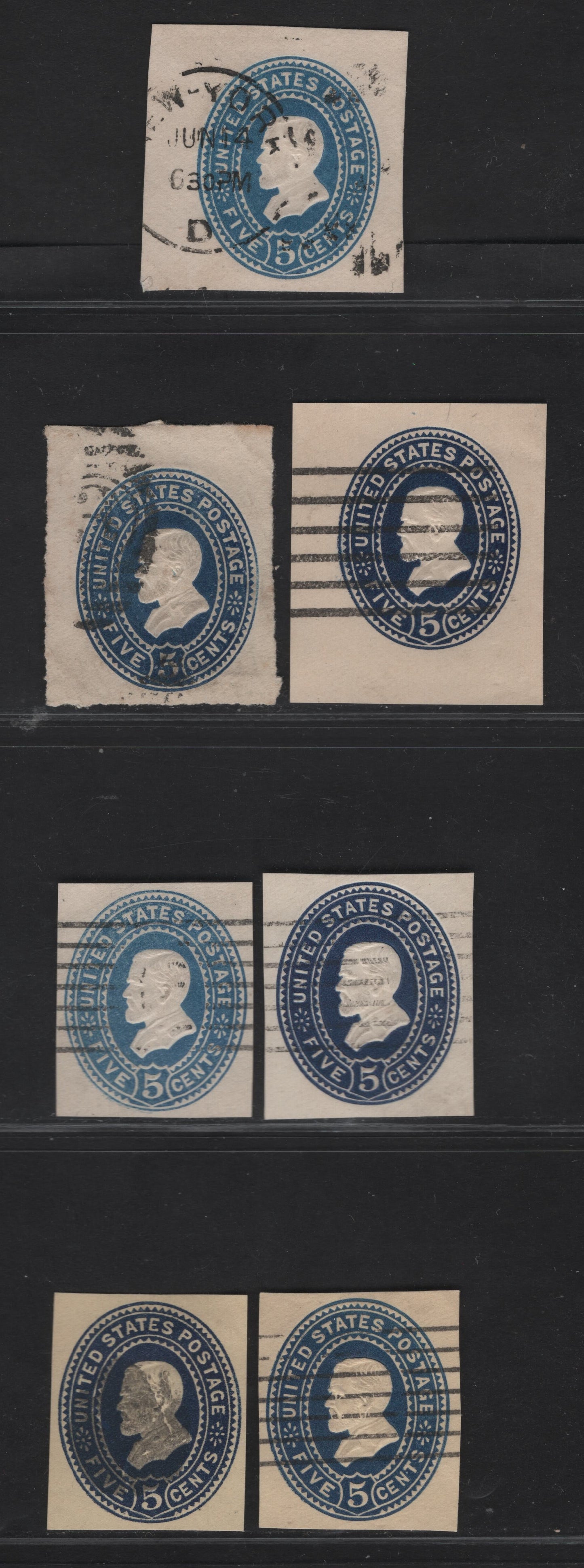 Lot 59 United States SC#U330, U331, U334 5c Blue & Dark Blue Grant, 1887-1894 Heads Issue, 7 Fine/Very Fine Used Singles, White & Amber, Both Designs With And Without Button On Collar