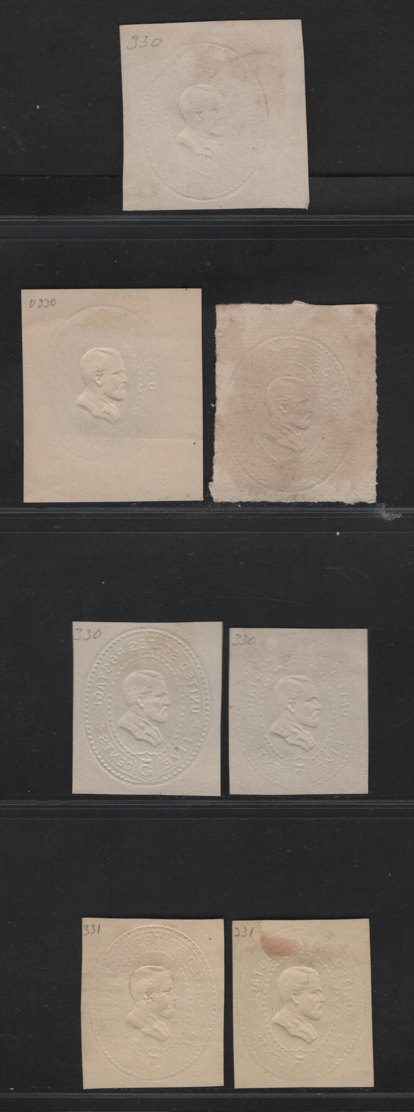 Lot 59 United States SC#U330, U331, U334 5c Blue & Dark Blue Grant, 1887-1894 Heads Issue, 7 Fine/Very Fine Used Singles, White & Amber, Both Designs With And Without Button On Collar