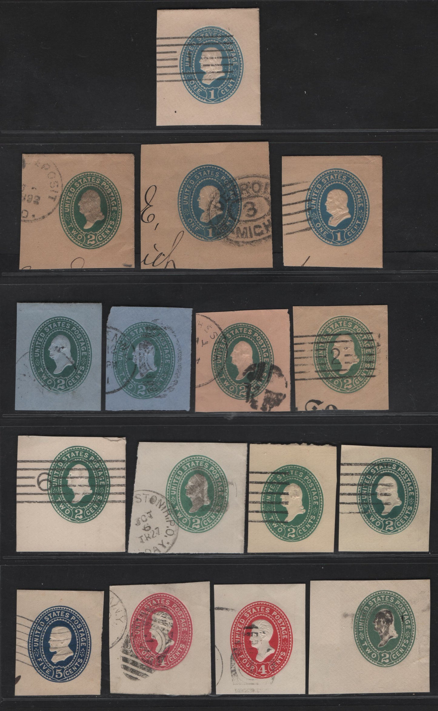 Lot 60 United States SC#U294, U300, W301, U315, U313-a, U314-a, U312-a, U311, U311a,U324-a, U334 1c, 2c, 4c & 5c Blue, Green, Carmine & Blue Franklin - Grant, 1887-1894 Heads Issue, 16 Very Fine Used Singles, Various Papers