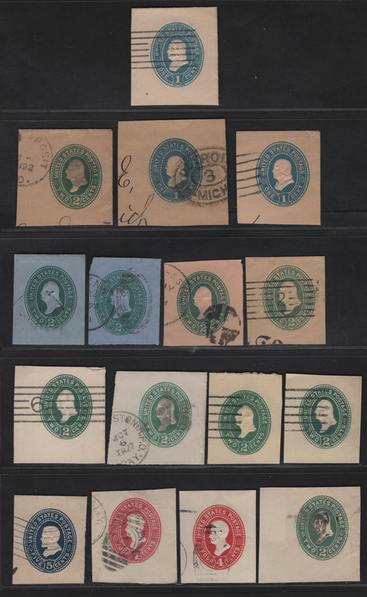 Lot 60 United States SC#U294, U300, W301, U315, U313-a, U314-a, U312-a, U311, U311a,U324-a, U334 1c, 2c, 4c & 5c Blue, Green, Carmine & Blue Franklin - Grant, 1887-1894 Heads Issue, 16 Very Fine Used Singles, Various Papers