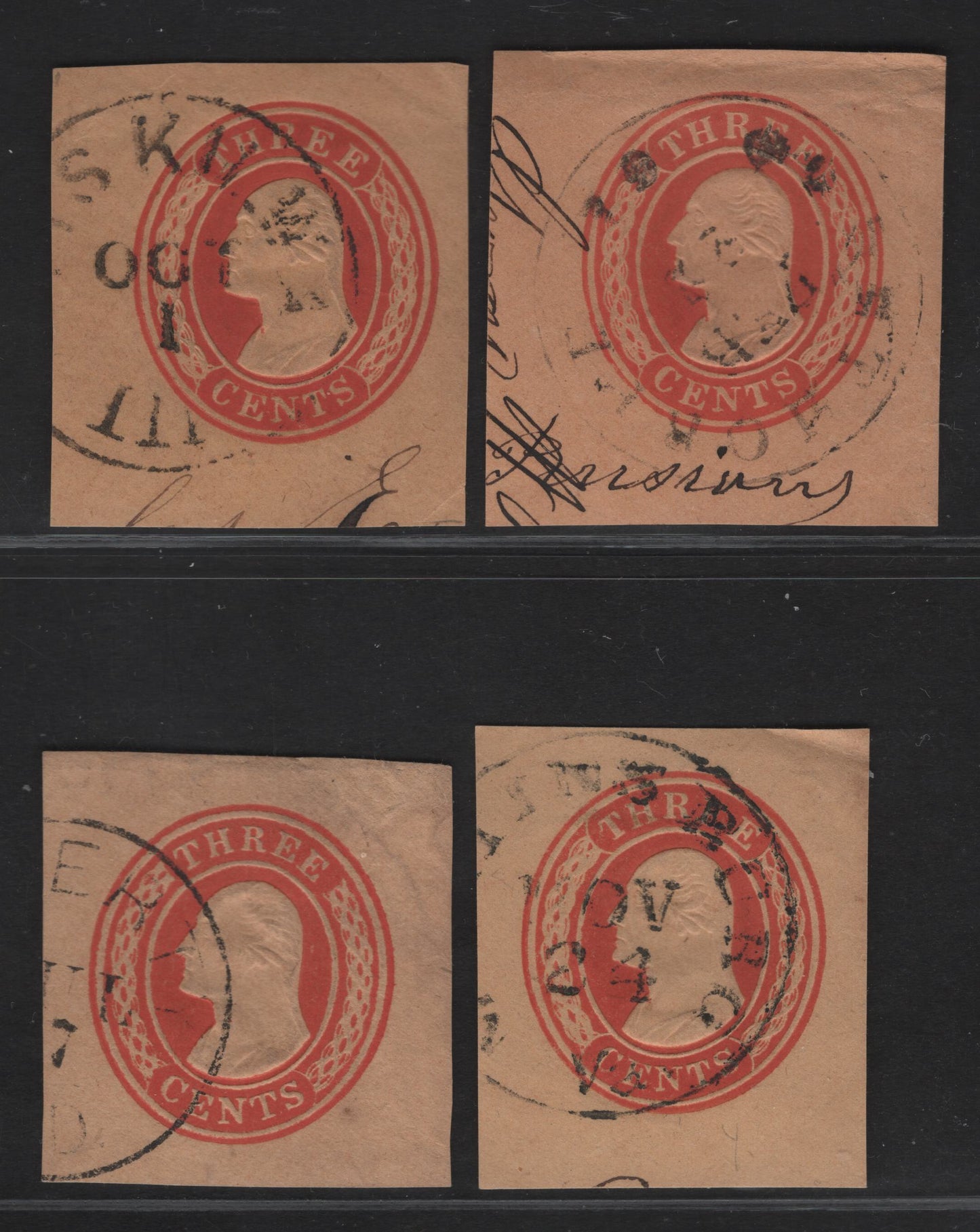 Lot 6 United States SC#U10 3c Red & Rose Washington, 1853-1855 Nesbitt Issue, 3 Very Fine Used Singles, Buff, Rosy Buff & Yellowish Papers, Curved Lines At Ends Of Labels, Buff With Curved Lines Omitted