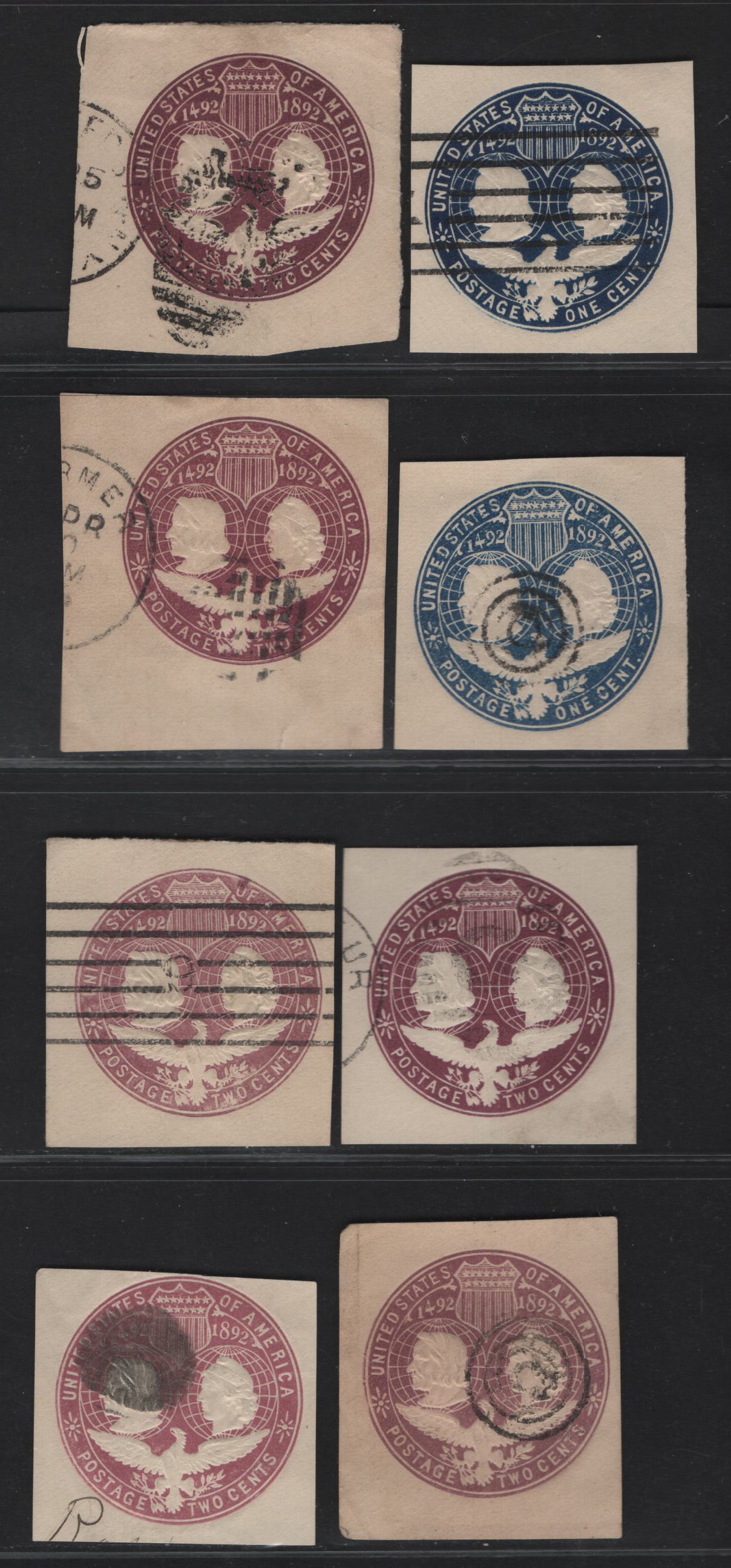 Lot 62 United States SC#U348-U349 1c - 2c Blue, Dark Blue,Violet & Lilac Columbus & Liberty, 1893 Columbus Exposition Issue, 8 Fine/Very Fine Used Singles