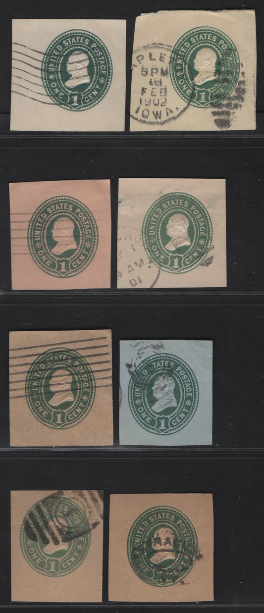 Lot 64 United States SC#U352-W357 1c Green & Dull Green Columbus & Liberty, 1893 Columbus Exposition Issue, 8 Very Fine Used Singles, White, Amber, Oriental Buff, Blue, Manilla & Wrapper on Manilla