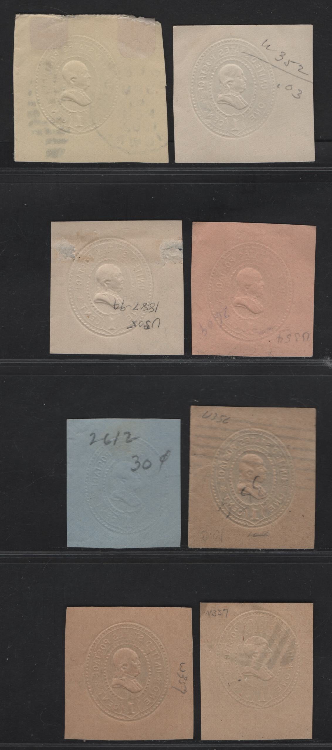 Lot 64 United States SC#U352-W357 1c Green & Dull Green Columbus & Liberty, 1893 Columbus Exposition Issue, 8 Very Fine Used Singles, White, Amber, Oriental Buff, Blue, Manilla & Wrapper on Manilla