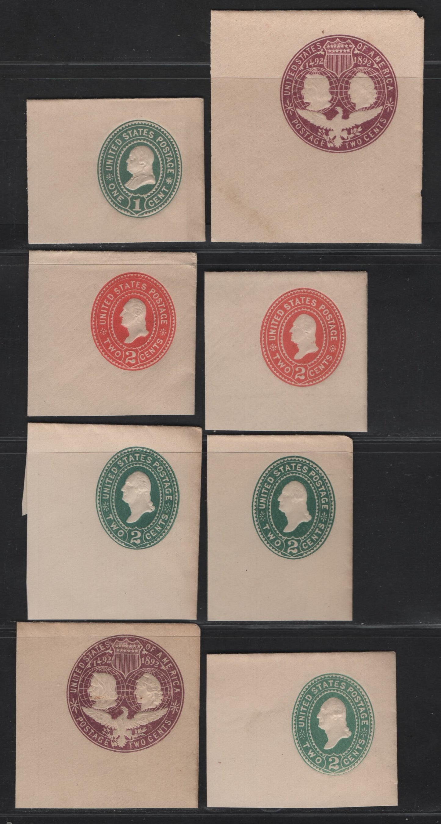 United States SC#U311, U349, U352, U362, U367 1c - 2c Green, Violet & Carmine Washington, 1887-1899 Heads - Columbus Exposition Issues, 8 VFOG Singles, White Paper, Dies 1 & 2